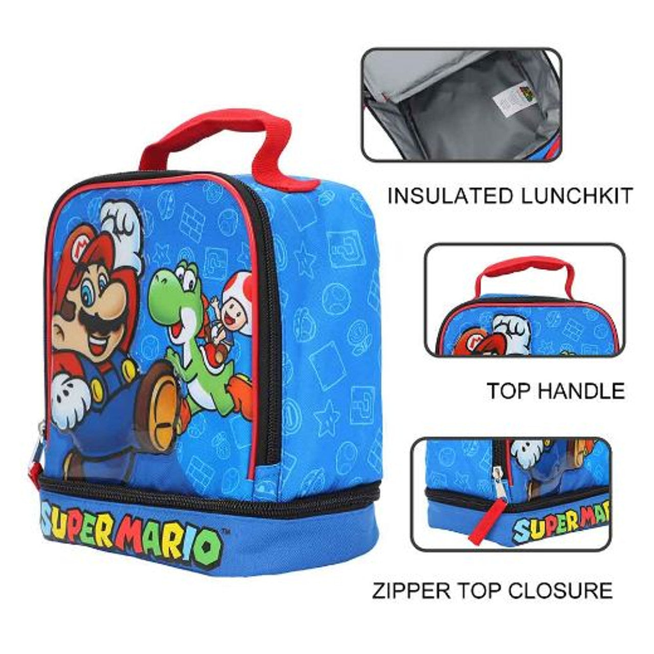 This is brand new.Double compartmentDurable & insulated lunch toteZipper top closureMaterial:Â Polyester/PVCDimensions:Â 9H X 7.5 LX 5W in.Care:Â Wipe clean with a damp clothThis item's title is: Insulated Lunch Tote: Super Mario BrosBarcode: 196179830439This was released: 2024