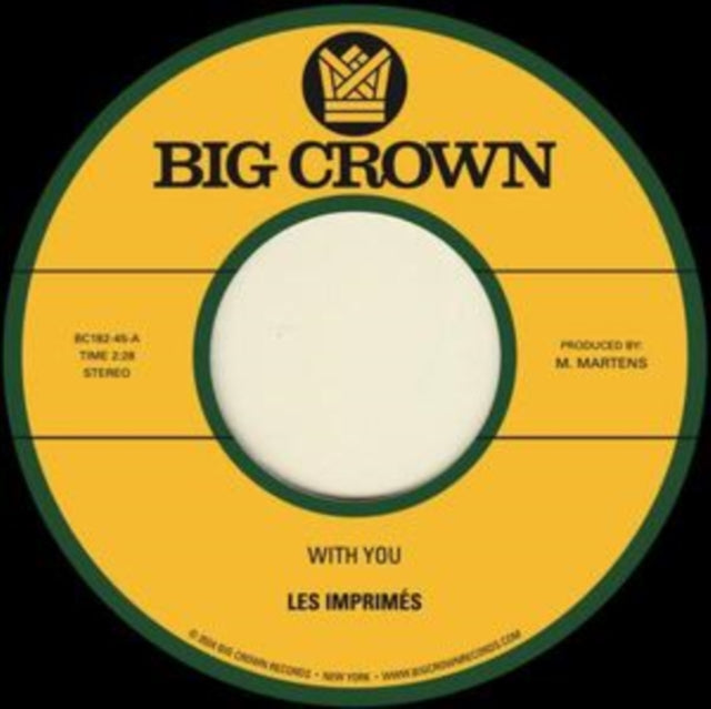 This 7 Inch Vinyl is brand new.Format: 7 Inch VinylMusic Style: SoulThis item's title is: With You B/W Only Love Artist: Les ImprimesLabel: Big Crown RecordsBarcode: 349223018219Release Date: 10/18/2024
