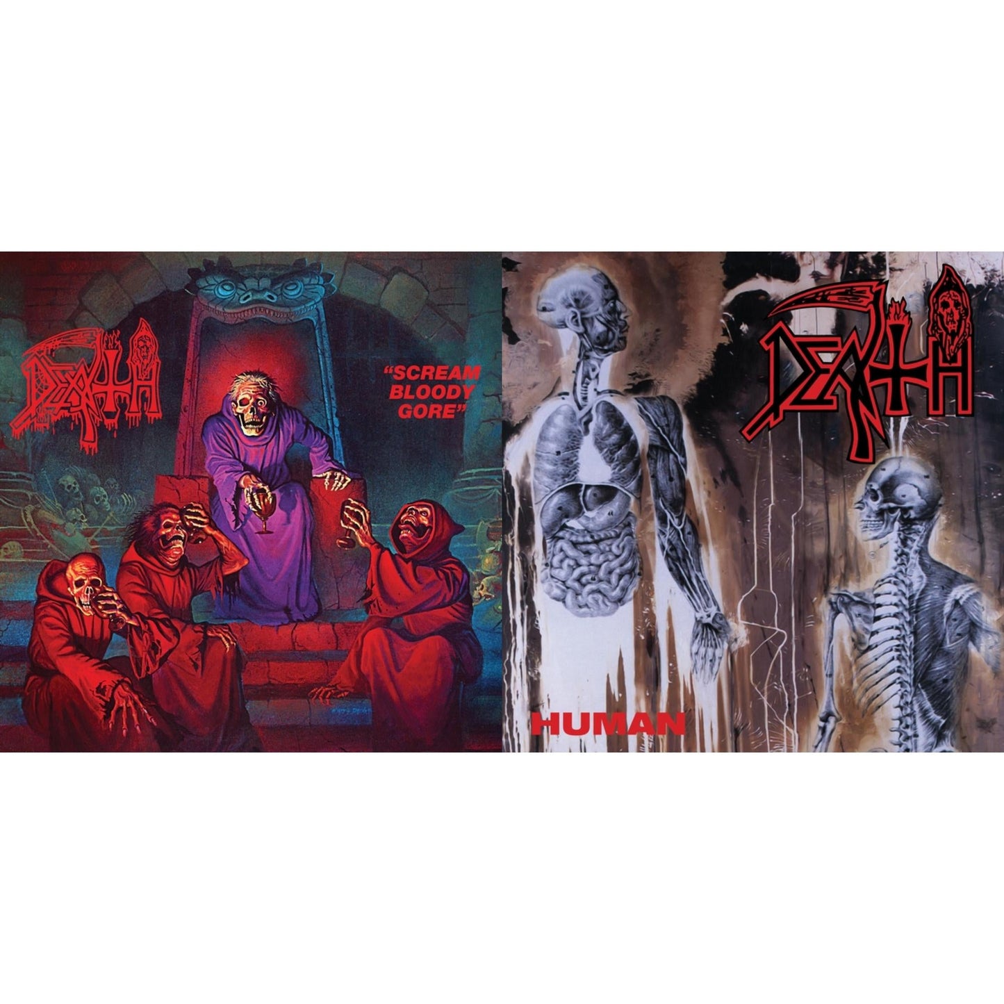 Scream Bloody Gore (Neon Violet, Bone White & Red Tri Color Merge With Splatter LP Vinyl) & Human (Bone White, Blue Jay & Gold Tri Color Merge With Splatter LP Vinyl)