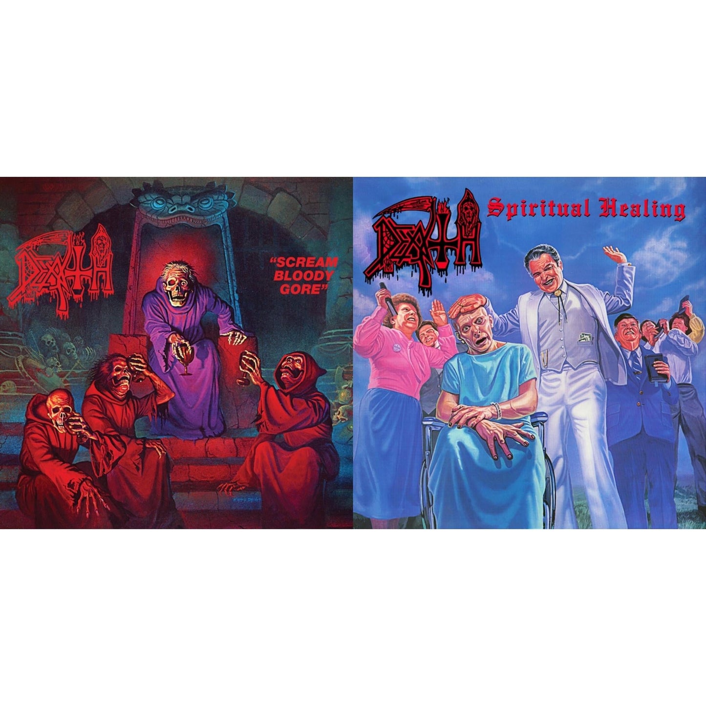 Scream Bloody Gore (Neon Violet, Bone White & Red Tri Color Merge With Splatter LP Vinyl) & Spiritual Healing - Reissue (Red, Cyan Blue & Black Tri Color Merge With Splatter LP Vinyl)
