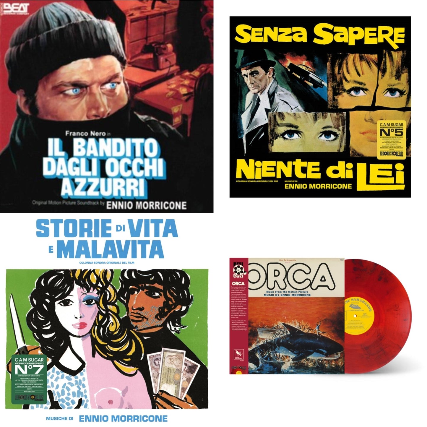 Blue-Eyed Bandit (Il Bandito Dagli Occhi Azzurri) Ost & Senza Sapere Niente Di Lei (Yellow LP Vinyl) & Storie Di Vita E Malavita (Colonna Sonora Originale Del Film) & Orca (Music From The Motion Picture) (Reel Cut Series) (Red LP Vinyl)