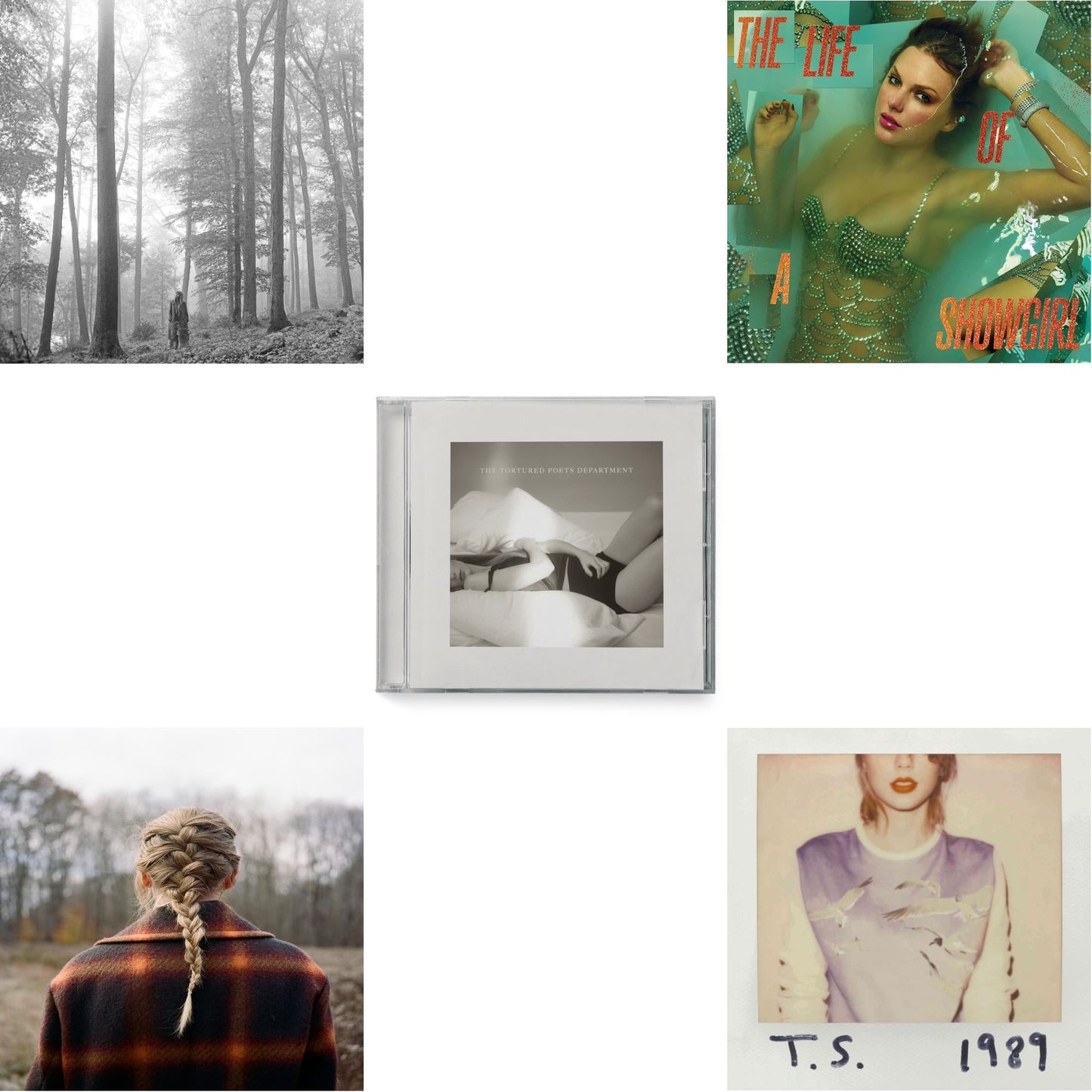 Folklore (Edited) & Evermore (X) & Tortured Poets Department (X) (Manuscript- Bonus Track) & Life Of A Showgirl (X) (Sweat & Vanilla Perfume CD W/ Poster) & 1989