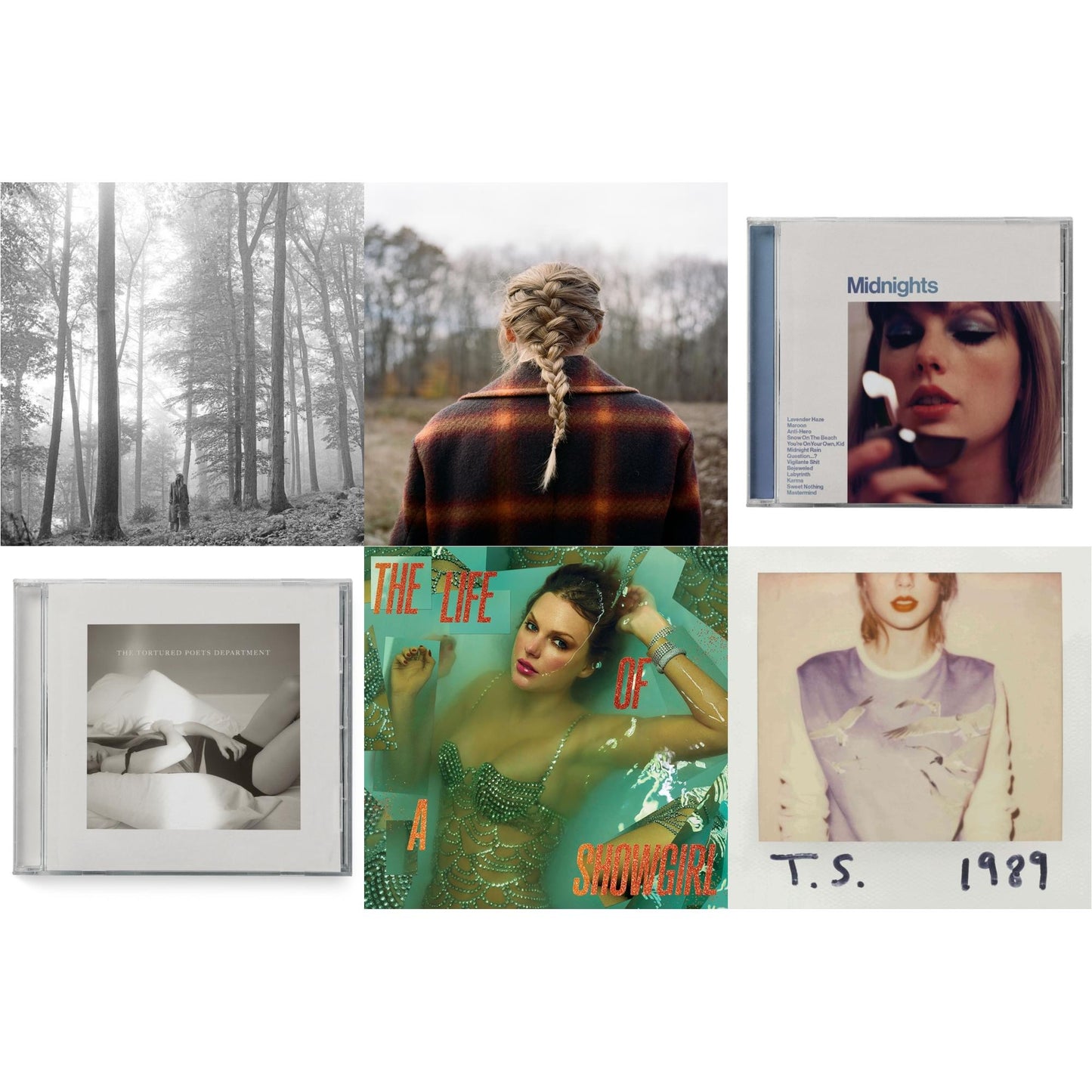 Folklore (Edited) & Evermore (X) & Midnights (X) (Moonstone Blue CD) & Tortured Poets Department (X) (Manuscript- Bonus Track) & Life Of A Showgirl (X) (Sweat & Vanilla Perfume CD W/ Poster) & 1989