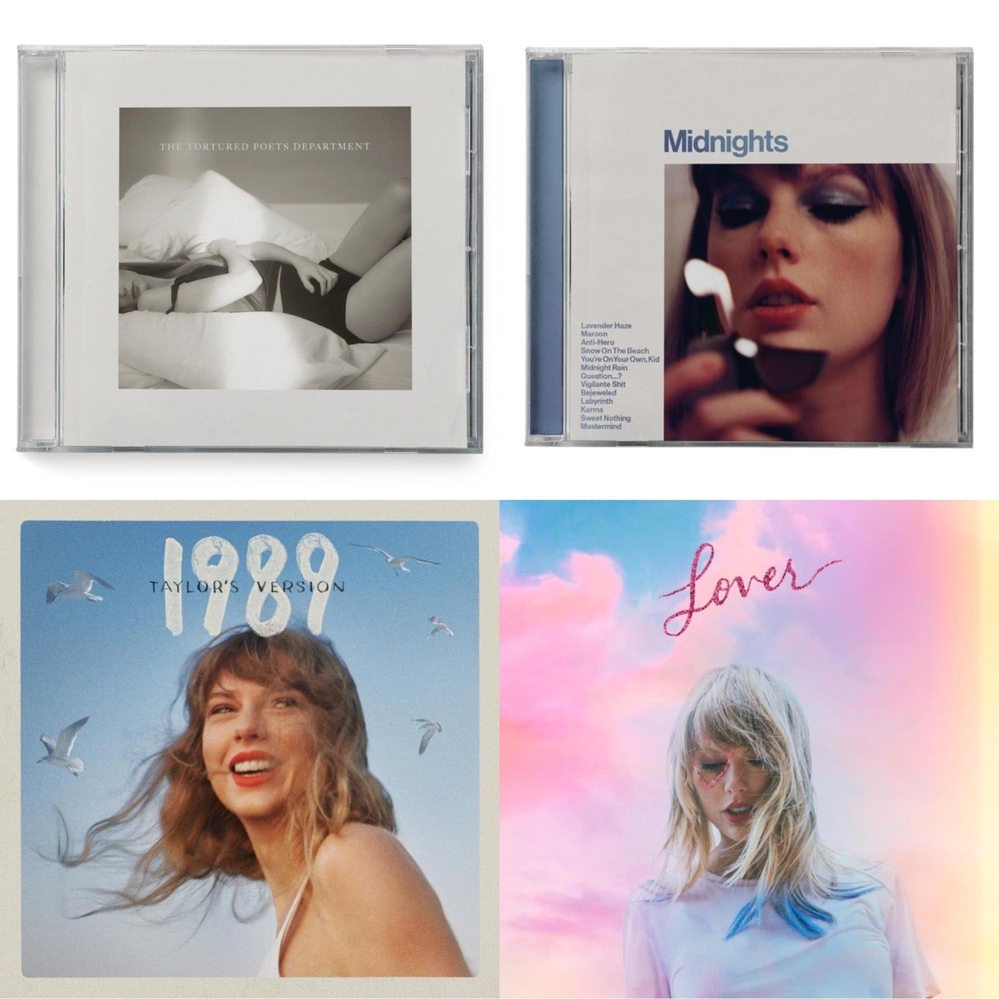 Midnights (X) (Moonstone Blue CD) & 1989 (Taylor's Version) & Tortured Poets DepartmentĀ (X) (Manuscript- Bonus Track) & Lover (Deluxe) (Version 2)