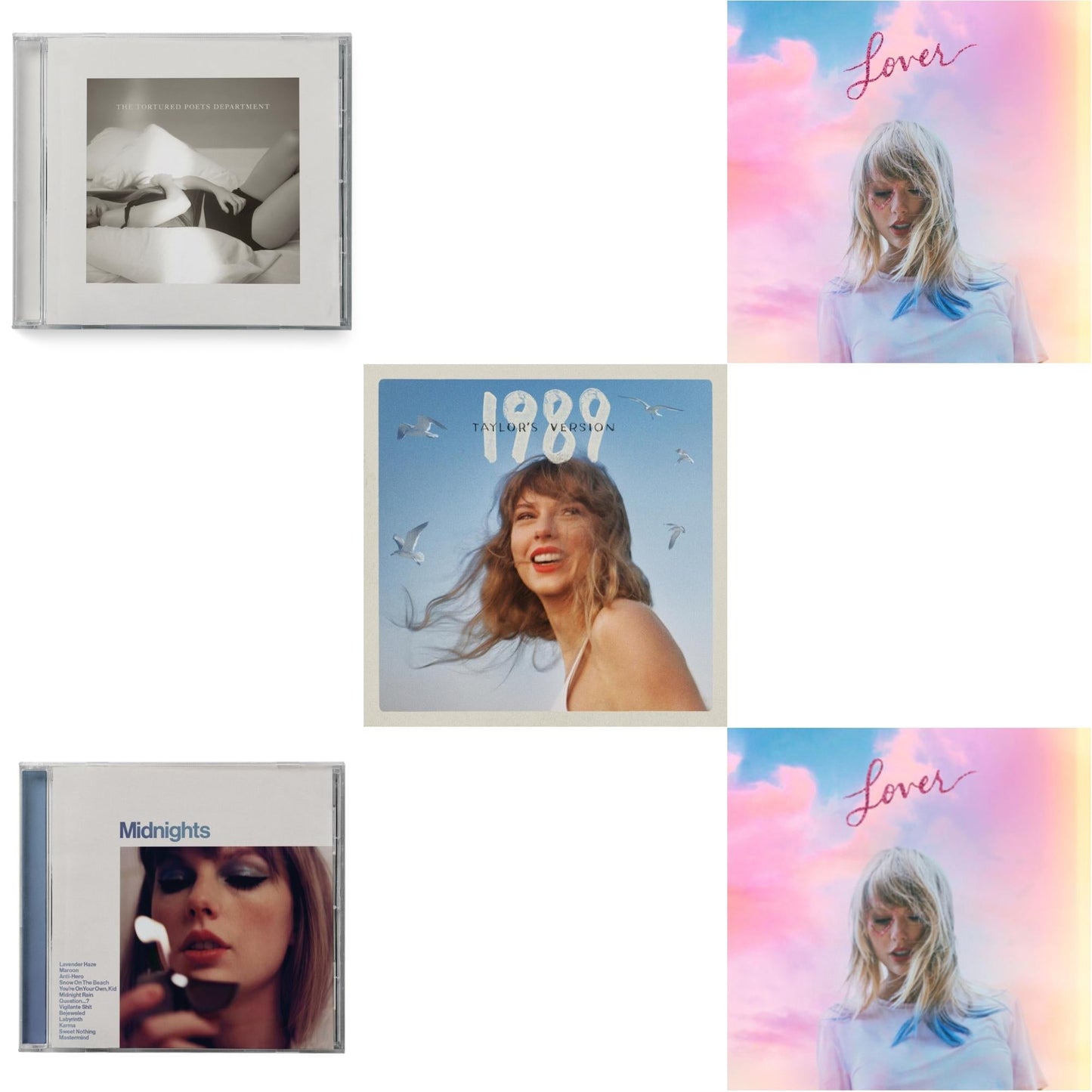 Midnights (X) (Moonstone Blue CD) & 1989 (Taylor's Version) & Tortured Poets DepartmentĀ (X) (Manuscript- Bonus Track) & Lover (Deluxe) (Version 2) & Lover