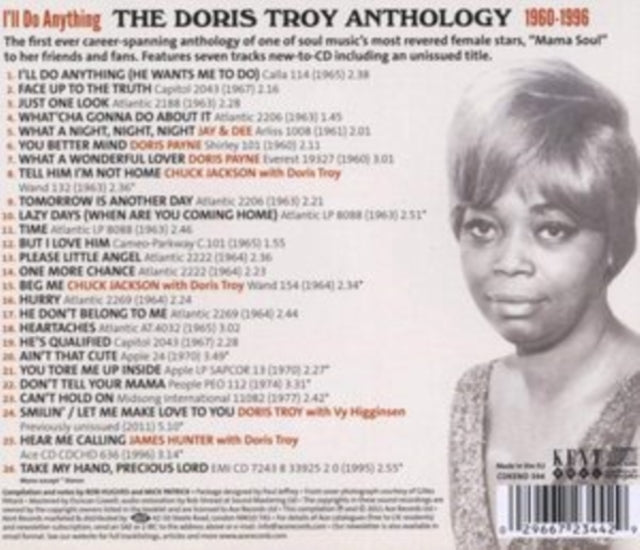 This CD is brand new.Format: CDMusic Style: SoulThis item's title is: Ill Do Anything: Anthology 1960 - 1996Artist: Doris TroyBarcode: 029667234429Release Date: 1/24/2011