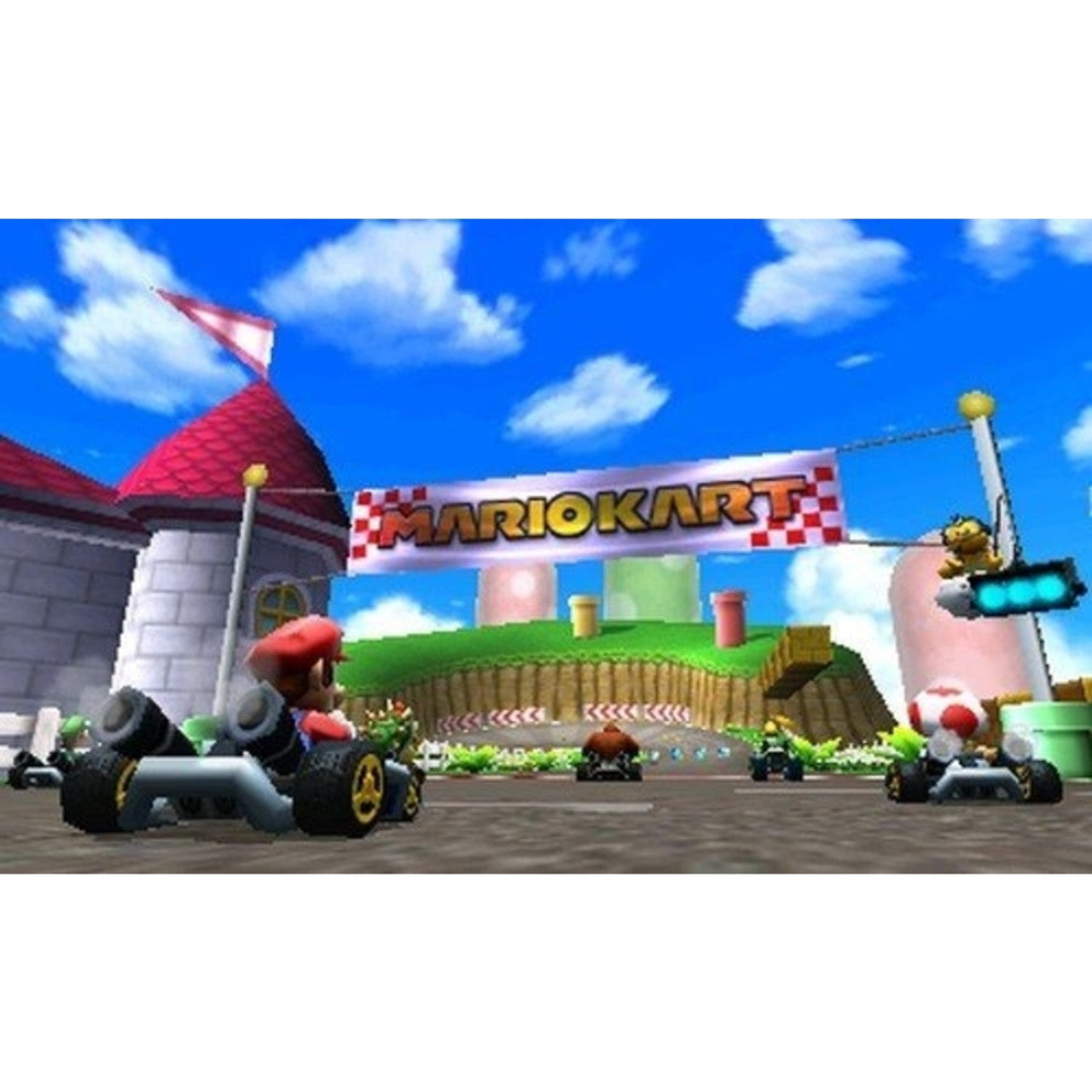 This is brand new.The newest installment of the fan-favorite Mario Kart franchise brings Mushroom Kingdom racing fun into glorious 3D. For the first time, drivers explore new competitive kart possibilities, such as soaring through the skies or plunging to the depths of the sea.