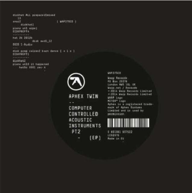 This LP Vinyl is brand new.Format: LP VinylMusic Style: Happy HardcoreThis item's title is: Computer Controlled Acoustic Instruments Pt 2 EpArtist: Aphex TwinLabel: Thumpin VinylBarcode: 801061937515Release Date: 1/23/2015