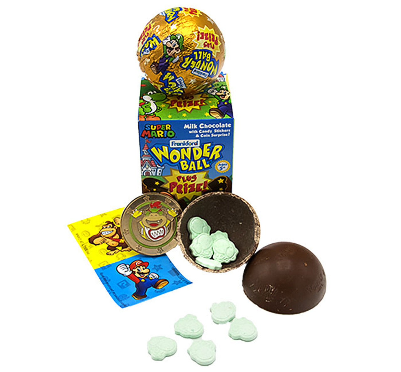 This is brand new.Super Mario Wonder Ball candy surprises from Frankford are sure to draw attention to your candy displays with smooth milk chocolate shells filled with candy, stickers, and a surprise coin.