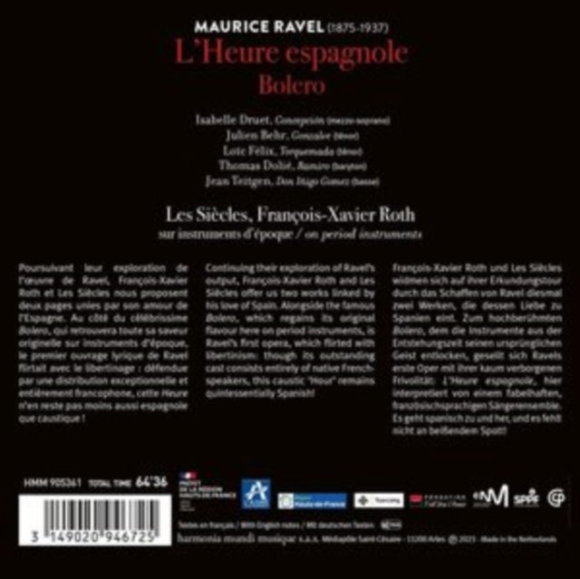 Product Image : This CD is brand new.<br>Format: CD<br>This item's title is: Ravel: L'heure Espagnole Bolero<br>Artist: Les Siecles<br>Label: HARMONIA MUNDI<br>Barcode: 3149020946725<br>Release Date: 6/16/2023