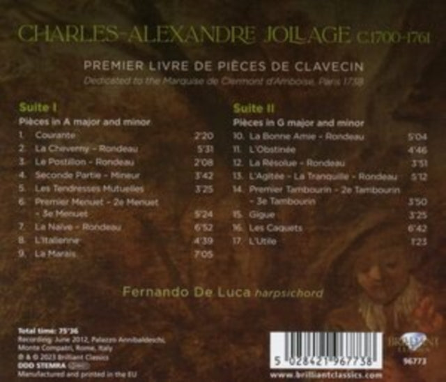 Product Image : This CD is brand new.<br>Format: CD<br>This item's title is: Jollage: Premier Livre De Pieces De Clavecin<br>Artist: Fernando De Luca<br>Label: BRILLIANT CLASSICS<br>Barcode: 5028421967738<br>Release Date: 6/23/2023