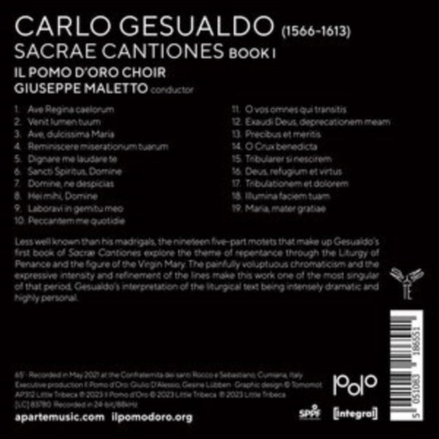 This CD is brand new.Format: CDMusic Style: RenaissanceThis item's title is: Gesualdo: Sacra CantionesArtist: Il Pomo D'oro; Giuseppe MalettoLabel: APARTÉBarcode: 5051083186551Release Date: 3/24/2023