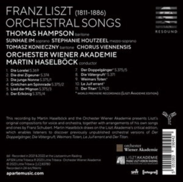 Product Image : This CD is brand new.<br>Format: CD<br>This item's title is: Liszt: Orchestral Songs<br>Artist: Thomas Hampson<br>Label: APARTE<br>Barcode: 5051083190442<br>Release Date: 7/28/2023