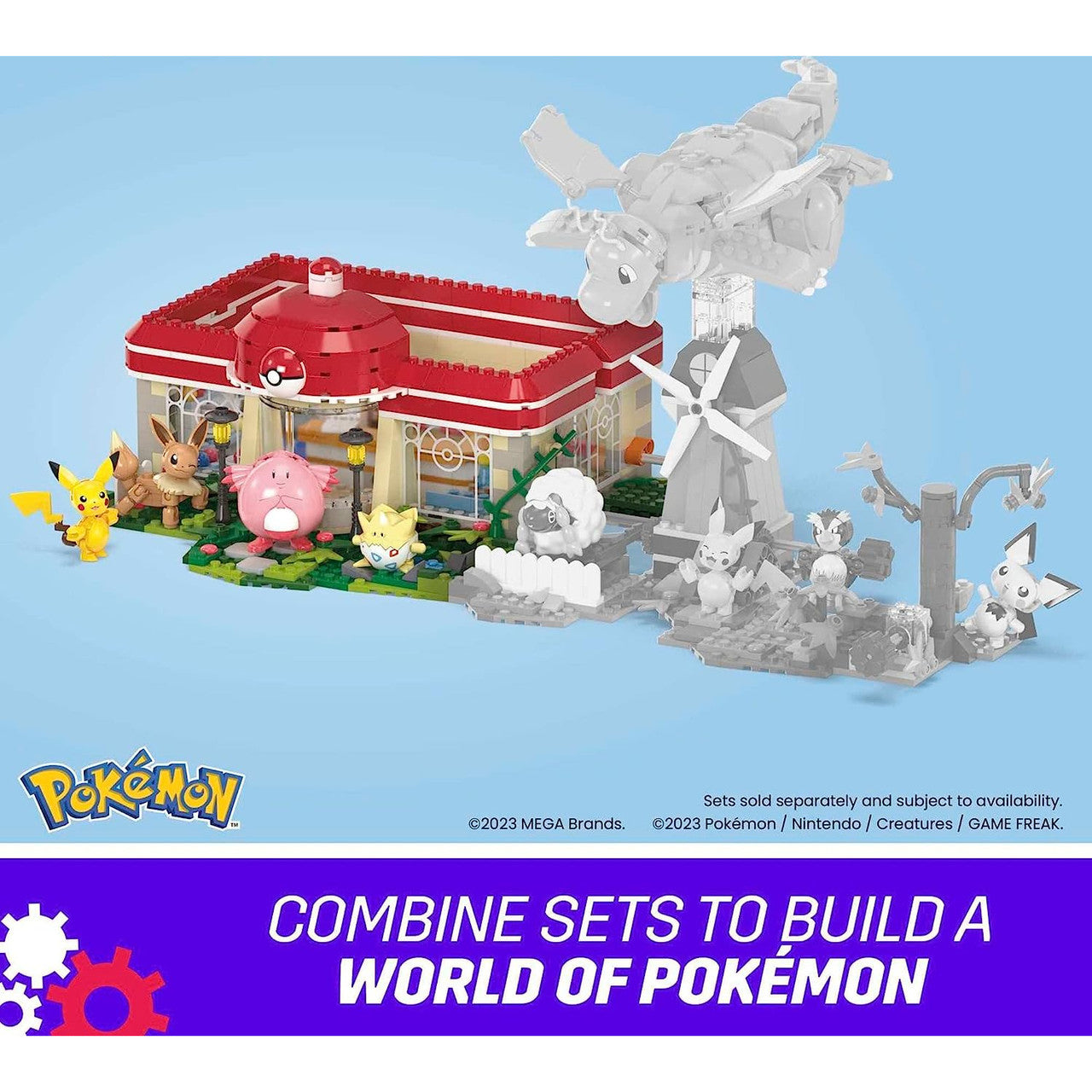 This is brand new.Welcome to the Pokemon Center! This iconic location is now a buildable set featuring four familiar faces: Pikachu, Chansey, Eevee, and Togepi. Turn the crank to see Chansey dancing, Pikachu and Eevee playing peek-a-boo, and Togepi opening the door.