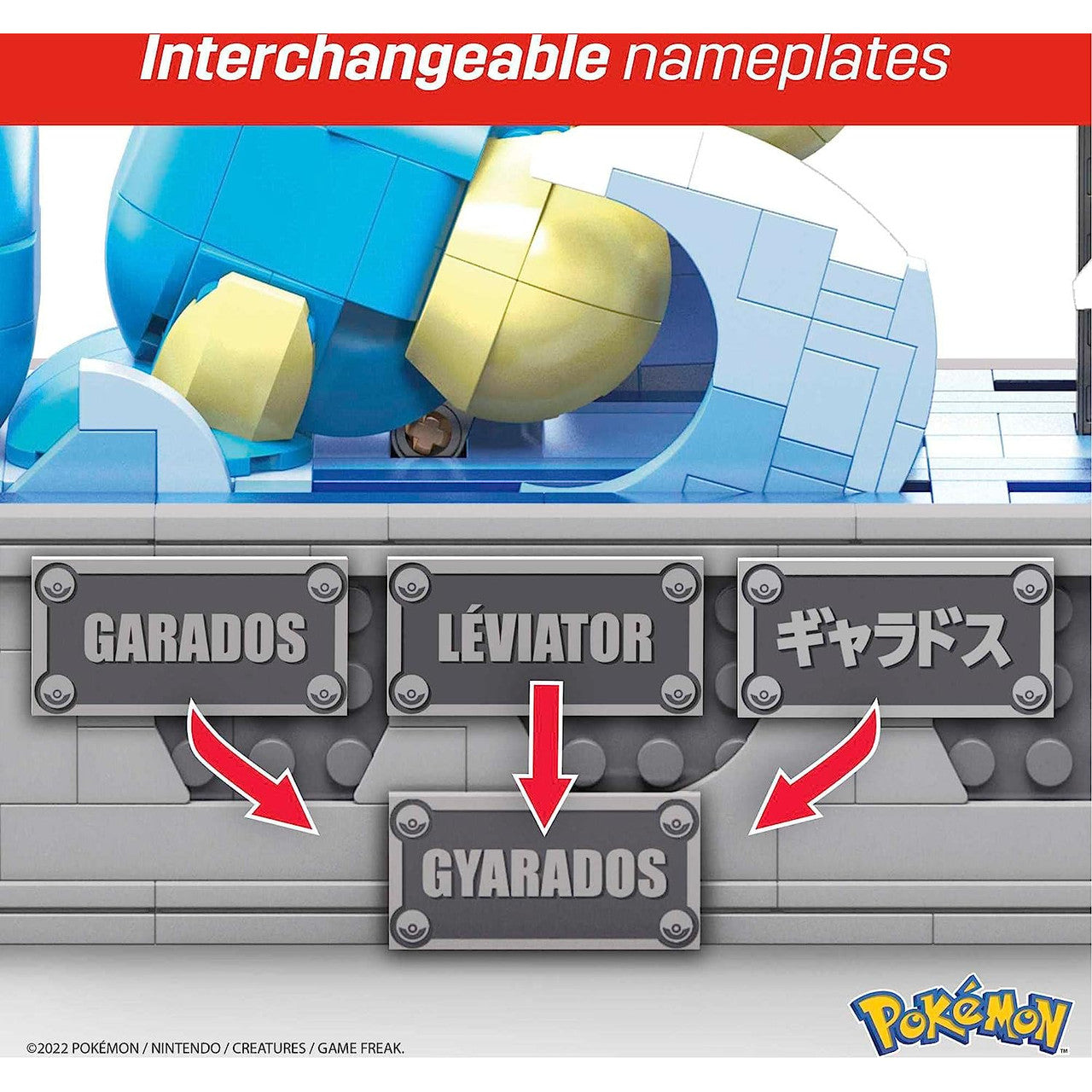 This is brand new.Build a detailed and elaborate Gyarados with this fully mechanized building set, which is mounted on a display and features animated movements like an opening mouth, flapping tail and pivoting neck when the toy is activated by a hand-turned crank.