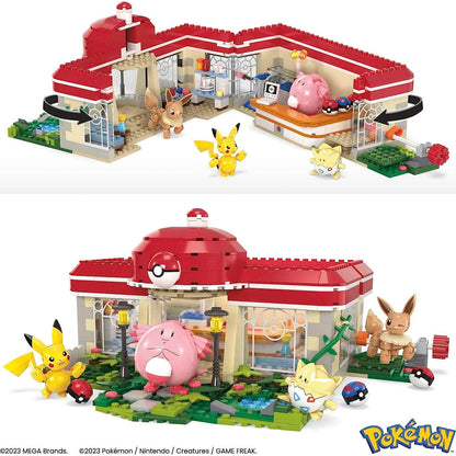 This is brand new.Welcome to the Pokemon Center! This iconic location is now a buildable set featuring four familiar faces: Pikachu, Chansey, Eevee, and Togepi. Turn the crank to see Chansey dancing, Pikachu and Eevee playing peek-a-boo, and Togepi opening the door.