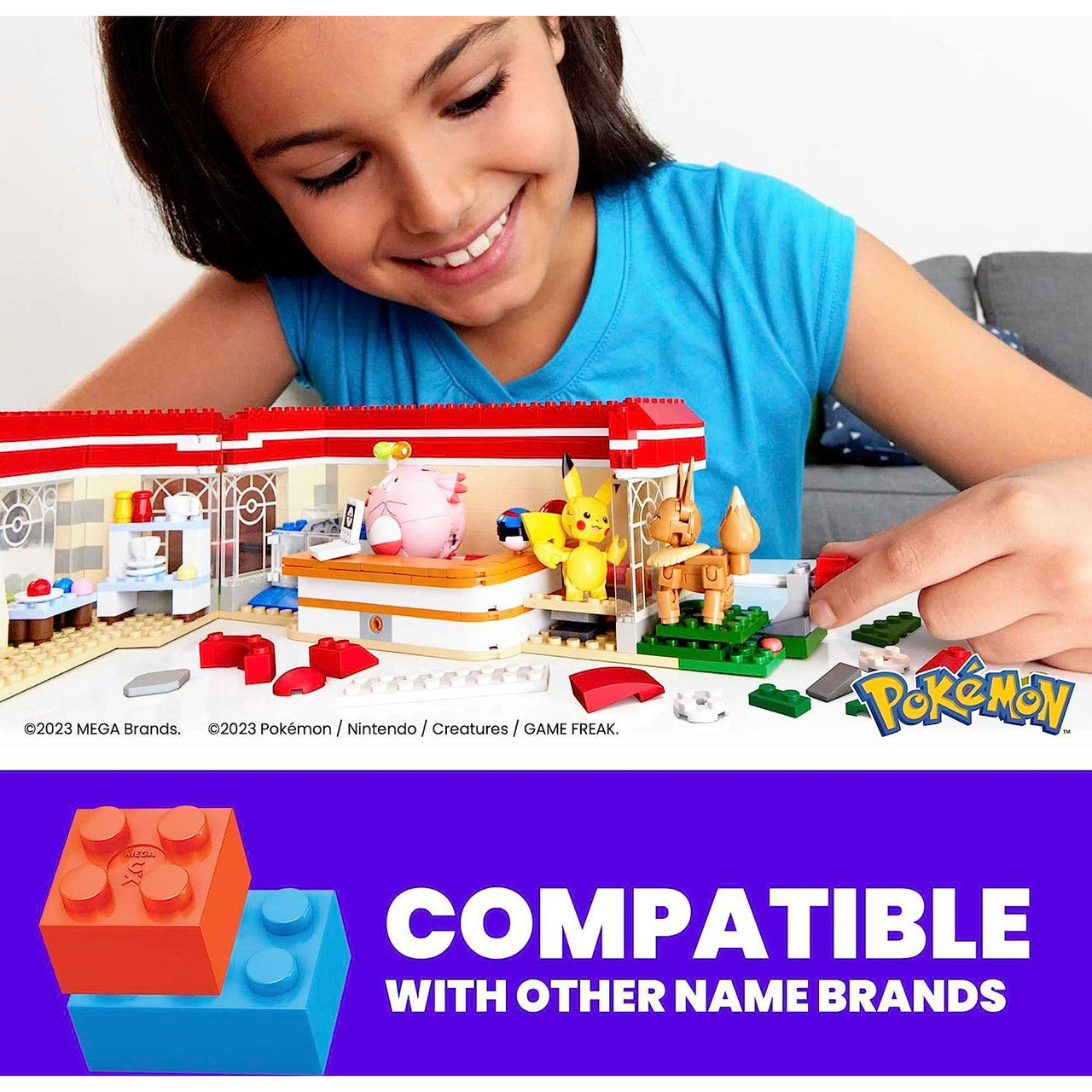 This is brand new.Welcome to the Pokemon Center! This iconic location is now a buildable set featuring four familiar faces: Pikachu, Chansey, Eevee, and Togepi. Turn the crank to see Chansey dancing, Pikachu and Eevee playing peek-a-boo, and Togepi opening the door.