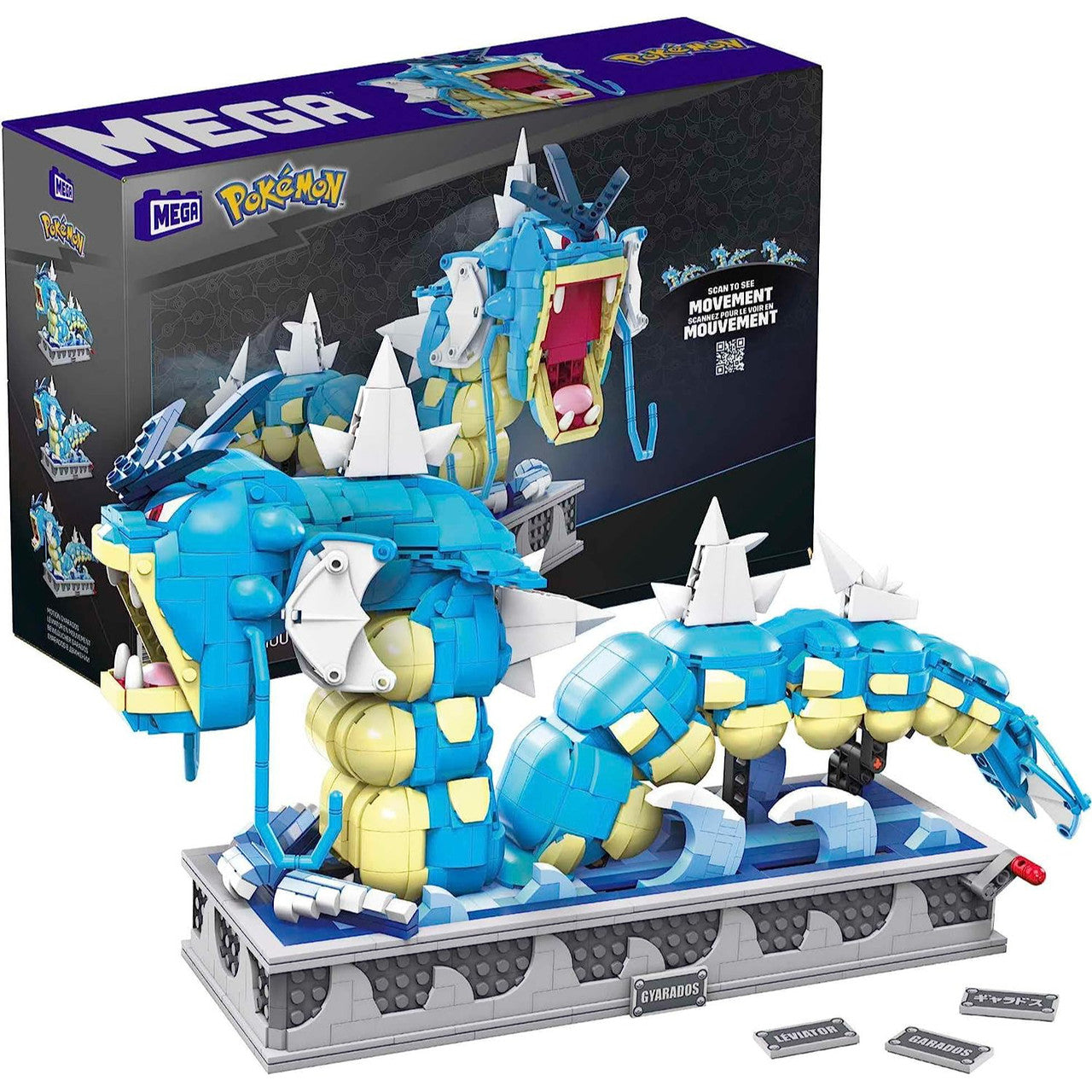 This is brand new.Build a detailed and elaborate Gyarados with this fully mechanized building set, which is mounted on a display and features animated movements like an opening mouth, flapping tail and pivoting neck when the toy is activated by a hand-turned crank.