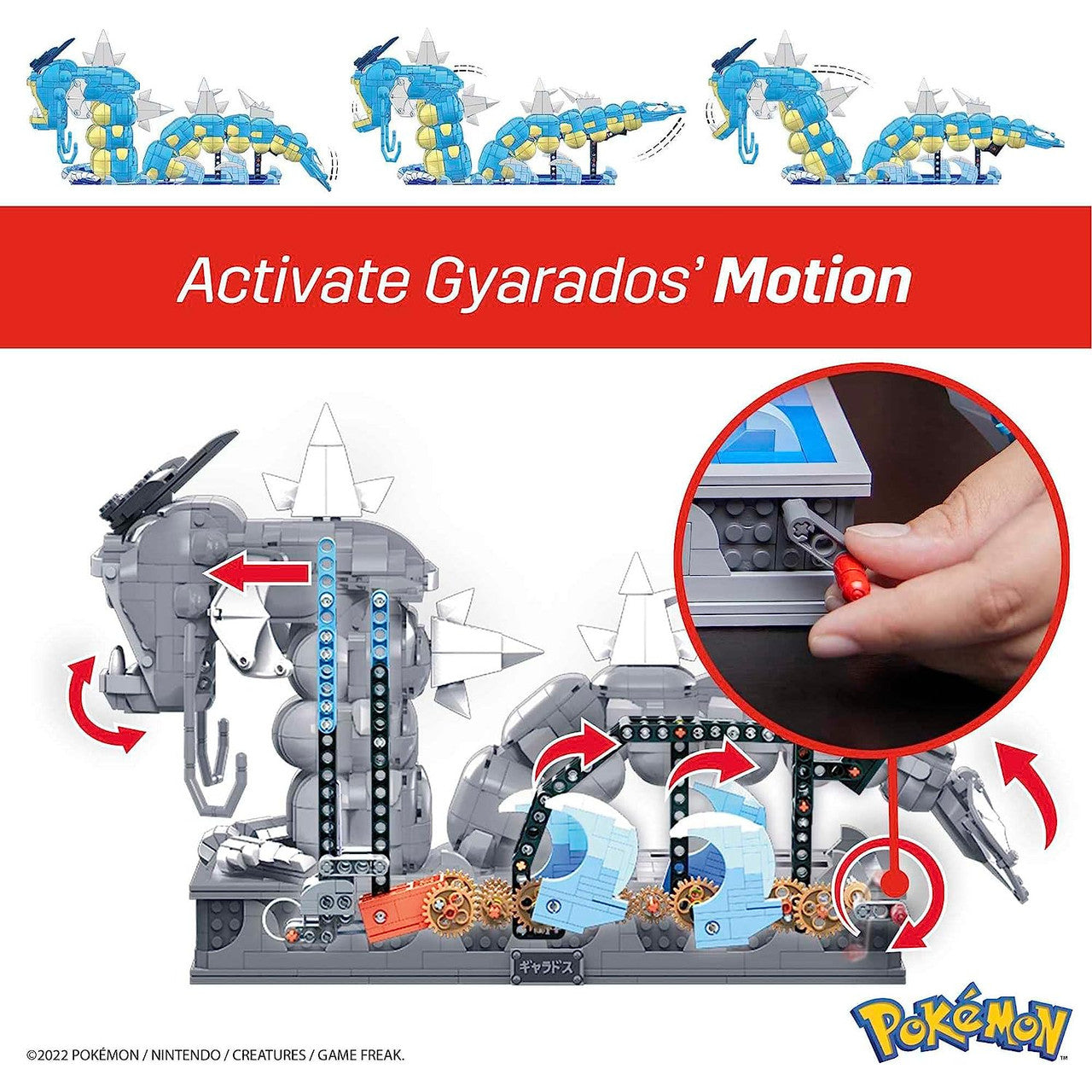 This is brand new.Build a detailed and elaborate Gyarados with this fully mechanized building set, which is mounted on a display and features animated movements like an opening mouth, flapping tail and pivoting neck when the toy is activated by a hand-turned crank.