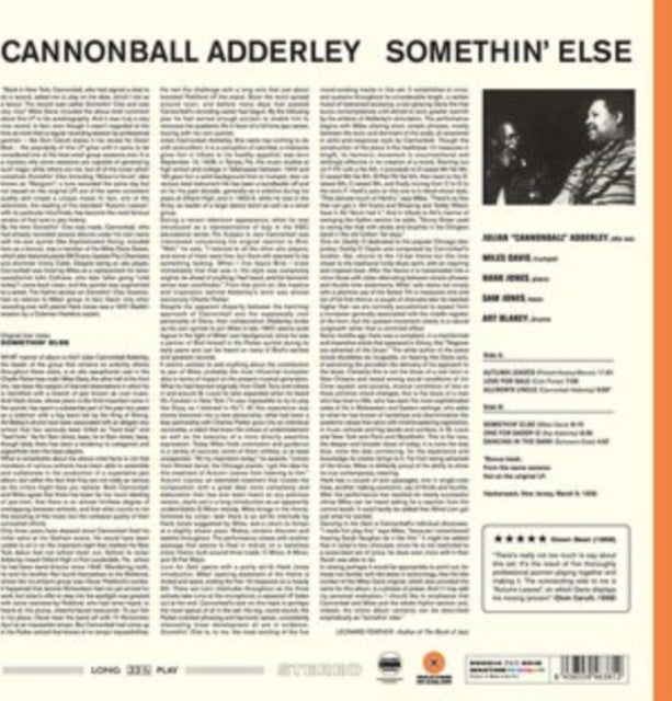 This LP Vinyl is brand new.Format: LP VinylMusic Style: Hard BopThis item's title is: Somethin Else (Limited/180G/Solid Orange LP Vinyl)Artist: Cannonball AdderleyLabel: WAXTIME IN COLORBarcode: 8436559463812Release Date: 2/2/2018