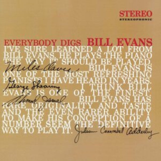 This LP Vinyl is brand new.Format: LP VinylThis item's title is: Everybody Digs Bill Evans (Limited/Solid Red LP Vinyl/180G)Artist: Bill EvansLabel: WaxTime In ColorBarcode: 8436559465373Release Date: 10/1/2018