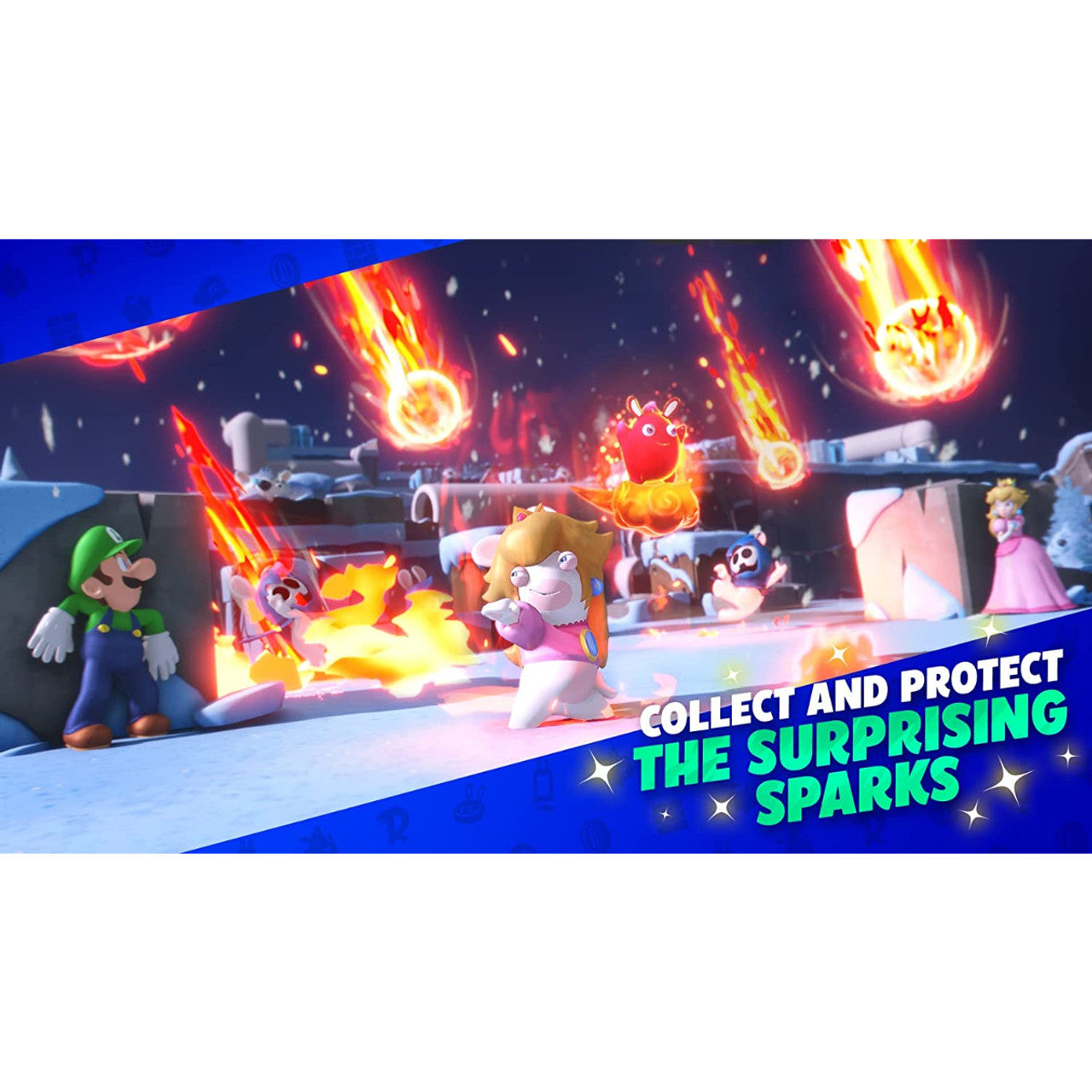 This is brand new.Team up with Mario, Luigi, Princess Peach, Rabbid Peach, Rabbid Luigi, and their friends on a galactic journey to defeat a malevolent entity and save your Spark companions.