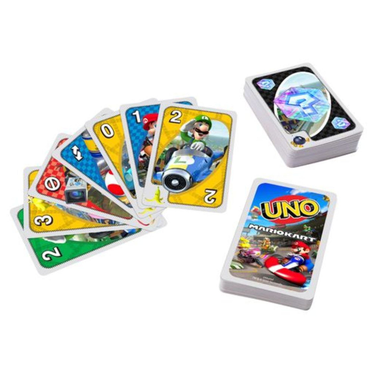 This is brand new.The UNO matching card game everyone loves rides into the Mario Kart world of crazy obstacles and racing go-karts! Graphics from the game on every card make this unique pack a collectible for fans.