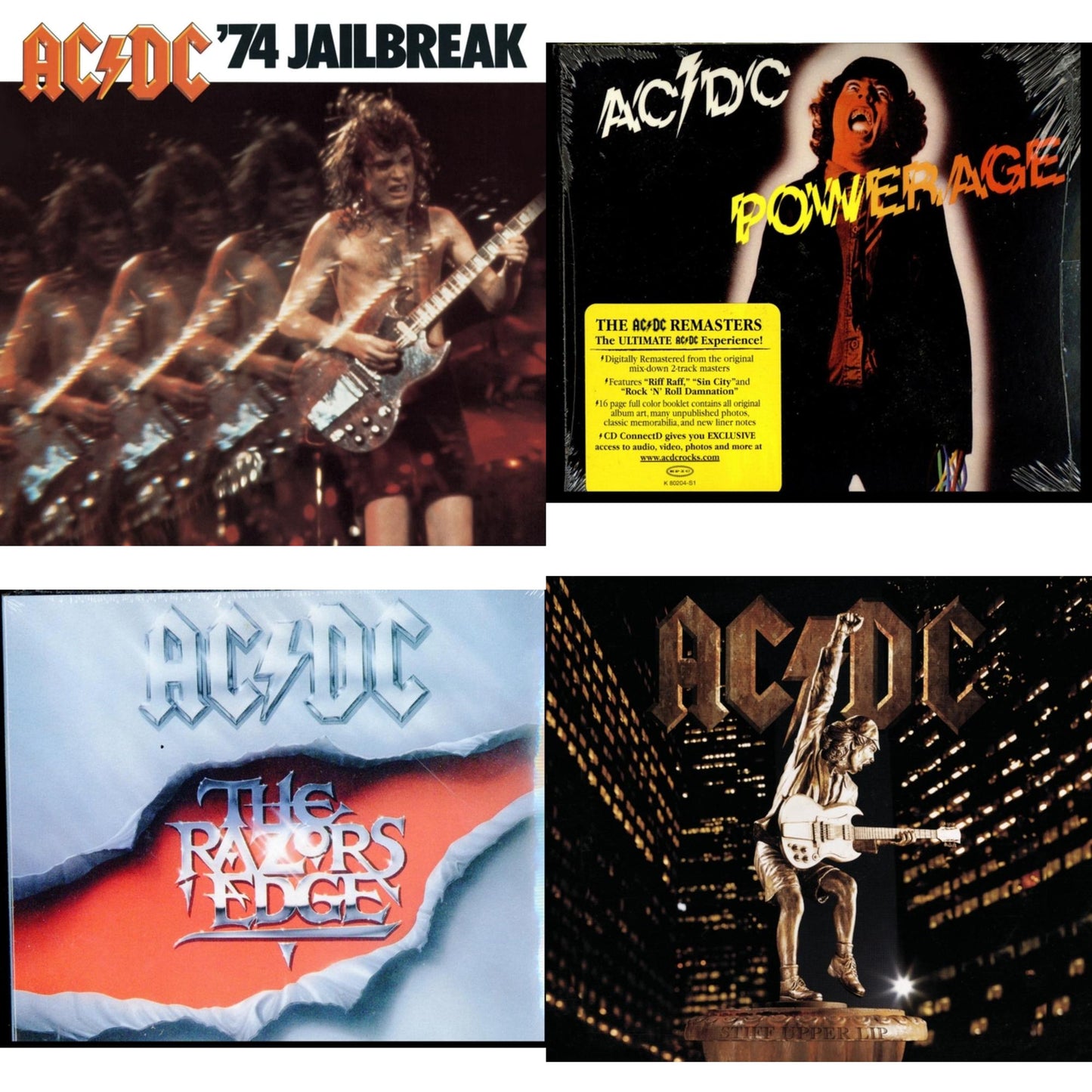 This is a 4 CD SKU bundle.
1.This CD is brand new.Format: CDMusic Style: Hard RockThis item's title is: 74 JailbreakArtist: Ac/DcLabel: EpicBarcode: 696998020023Release Date: 7/1/2003
2.This CD is brand new.