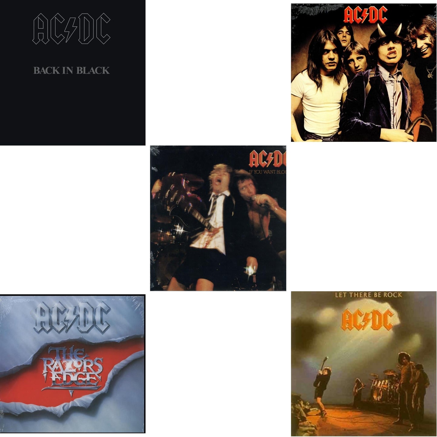This is a 5 LP Vinyl SKU bundle.
1.This LP Vinyl is brand new.Format: LP VinylMusic Style: Hard RockThis item's title is: Let There Be Rock (180G)Artist: Ac/DcLabel: LEGACYBarcode: 696998020313Release Date: 10/14/2003
2.This LP Vinyl is brand new.