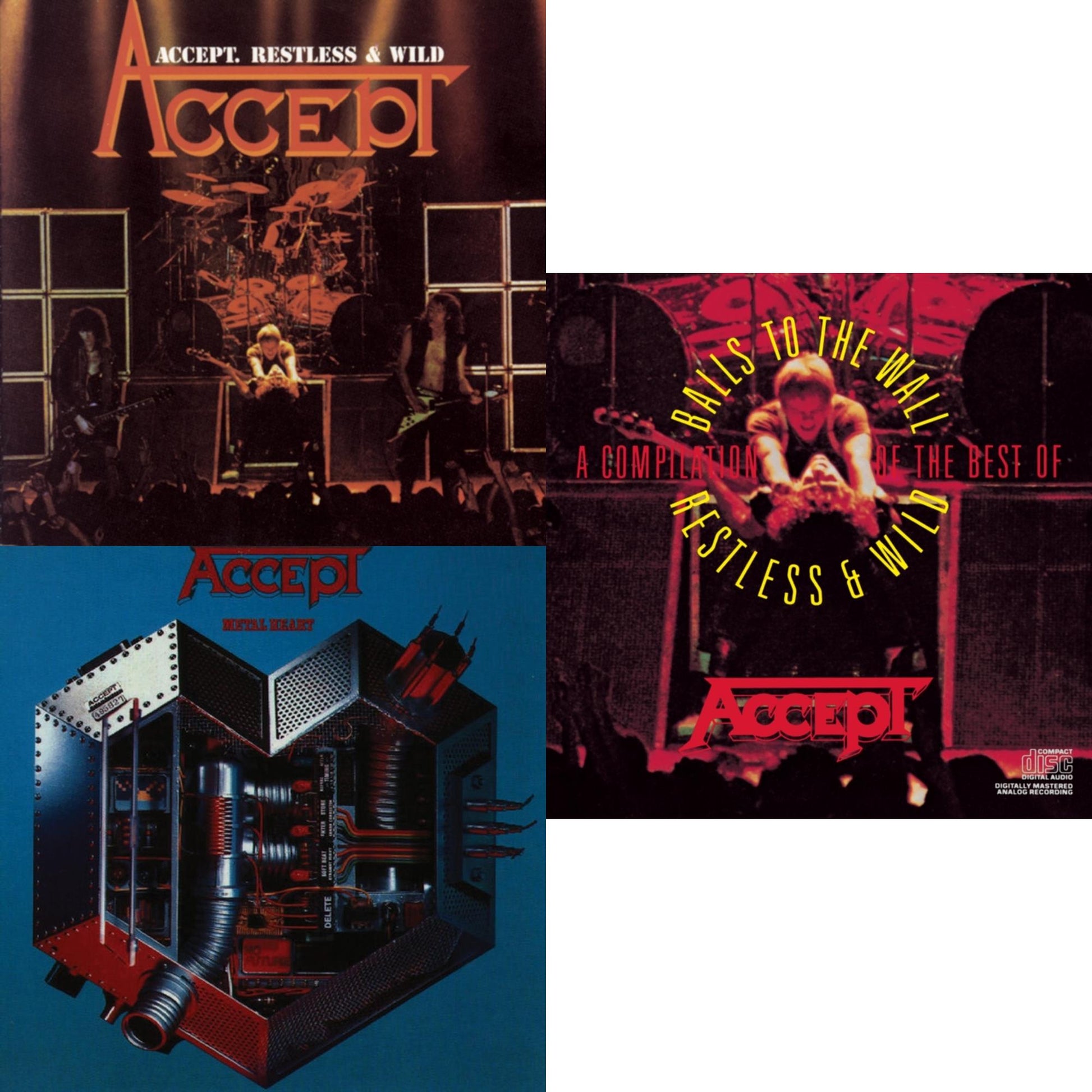 This is a 3 CD SKU bundle.
1.This CD is brand new.Format: CDMusic Style: Heavy MetalThis item's title is: Metal HeartArtist: AcceptLabel: SONY SPECIAL MARKETINGBarcode: 886972400921Release Date: 2/5/2008
2.This CD is brand new.