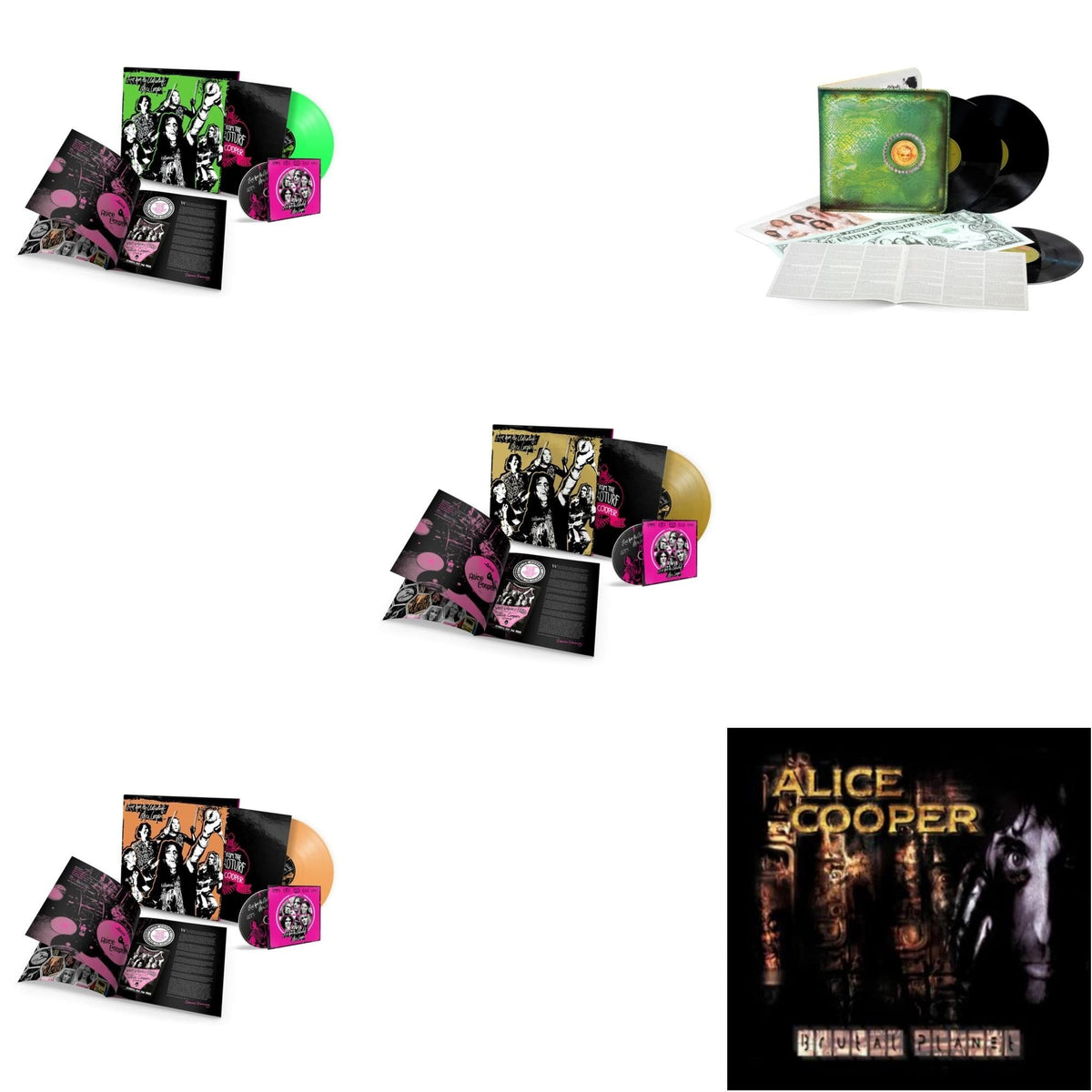Alice Cooper - Live From The Astroturf (Glow-In-The-Dark LP Vinyl/DVD) & Live From The Astroturf (Apricoot LP Vinyl/DVD) & Live From The Astroturf (Gold LP Vinyl/DVD) & Billion Dollar Babies (50Th Anniversary/Deluxe/3LP) & Brutal Planet (2LP/45