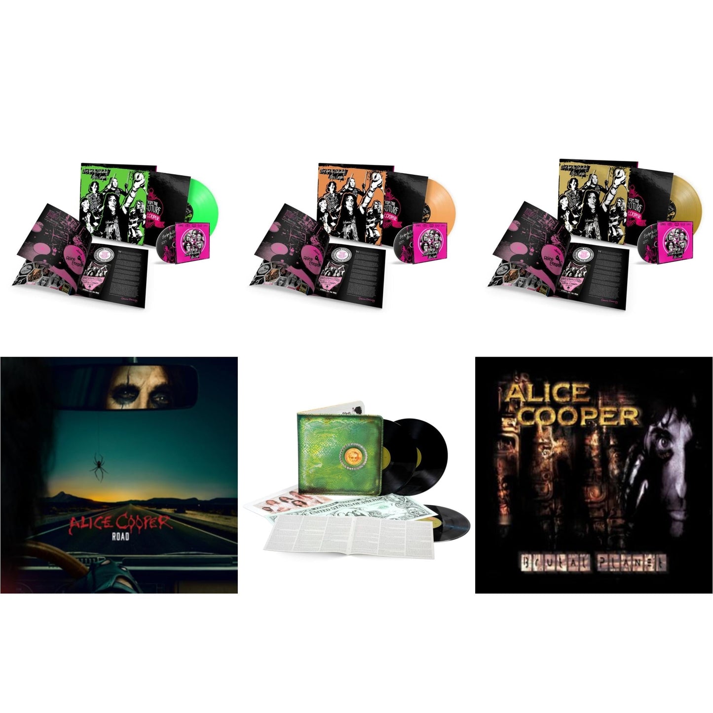 Alice Cooper - Live From The Astroturf (Glow-In-The-Dark LP Vinyl/DVD) & Live From The Astroturf (Apricoot LP Vinyl/DVD) & Live From The Astroturf (Gold LP Vinyl/DVD) & Road (Orange Marbled Vinyl/2LP/DVD) & Billion Dollar Babies (50Th