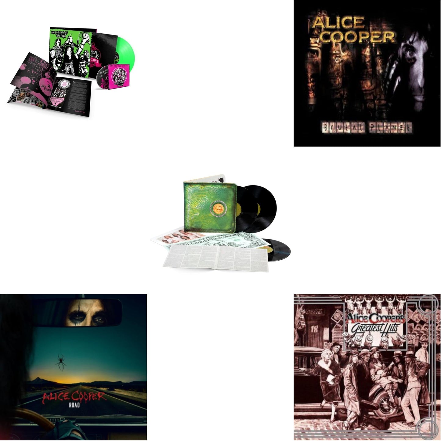 Alice Cooper - Live From The Astroturf (Glow-In-The-Dark LP Vinyl/DVD) & Road (Orange Marbled Vinyl/2LP/DVD) & Billion Dollar Babies (50Th Anniversary/Deluxe/3LP) & Brutal Planet (2LP/45 RPM/180G/Brutal Brown Vinyl) & Alice Cooper's Greatest Hits