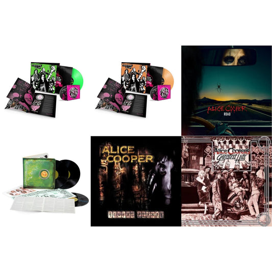 Alice Cooper - Live From The Astroturf (Glow-In-The-Dark LP Vinyl/DVD) & Live From The Astroturf (Apricoot LP Vinyl/DVD) & Road (Orange Marbled Vinyl/2LP/DVD) & Billion Dollar Babies (50Th Anniversary/Deluxe/3LP) & Brutal Planet (2LP/45