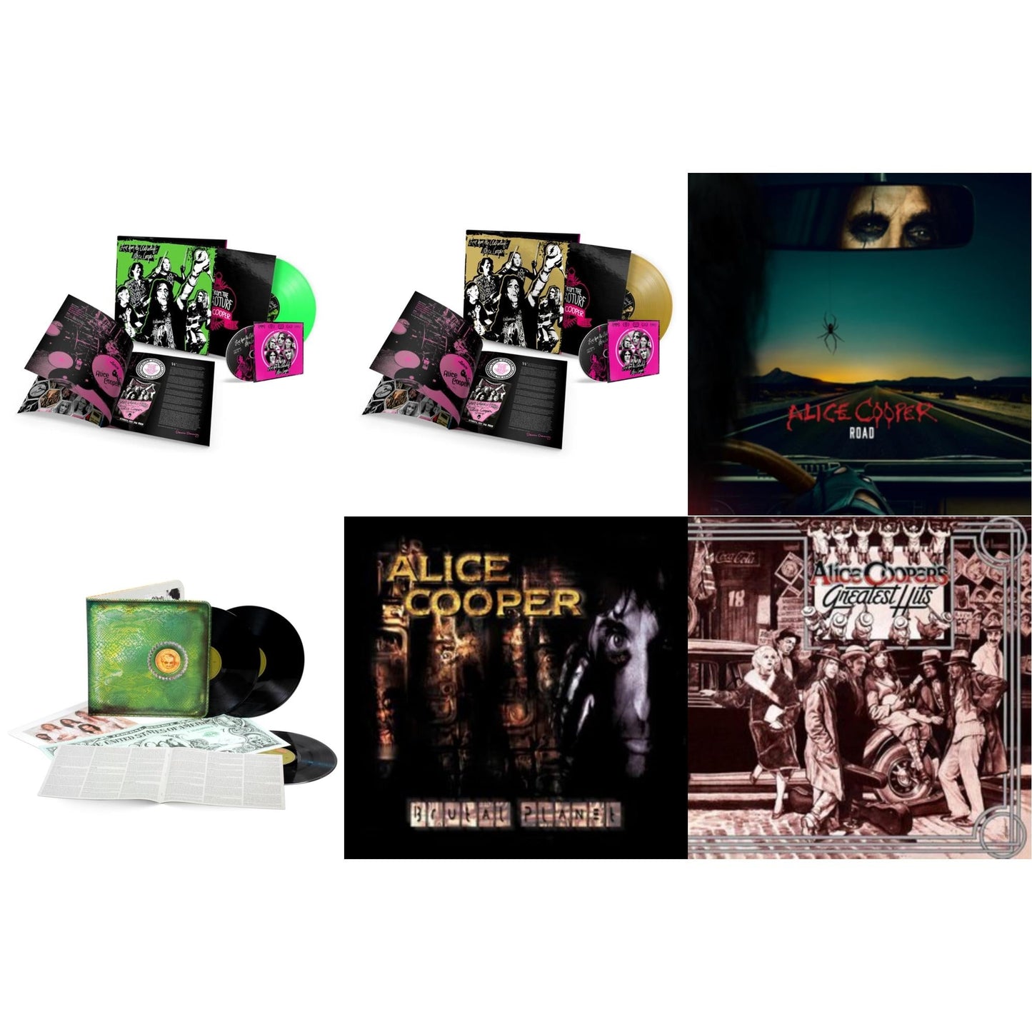 Alice Cooper - Live From The Astroturf (Glow-In-The-Dark LP Vinyl/DVD) & Live From The Astroturf (Gold LP Vinyl/DVD) & Road (Orange Marbled Vinyl/2LP/DVD) & Billion Dollar Babies (50Th Anniversary/Deluxe/3LP) & Brutal Planet (2LP/45 RPM/180G/Brutal