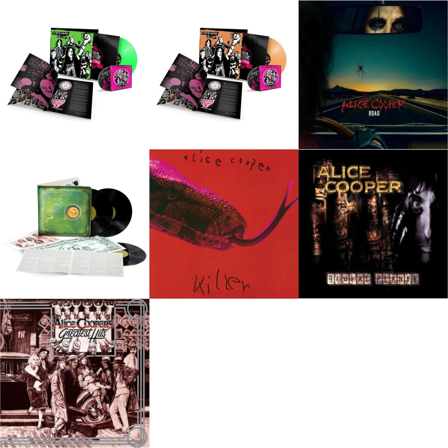 Alice Cooper - Live From The Astroturf (Glow-In-The-Dark LP Vinyl/DVD) & Live From The Astroturf (Apricoot LP Vinyl/DVD) & Road (Orange Marbled Vinyl/2LP/DVD) & Billion Dollar Babies (50Th Anniversary/Deluxe/3LP) & Killer (Expanded & Remastered/3LP)