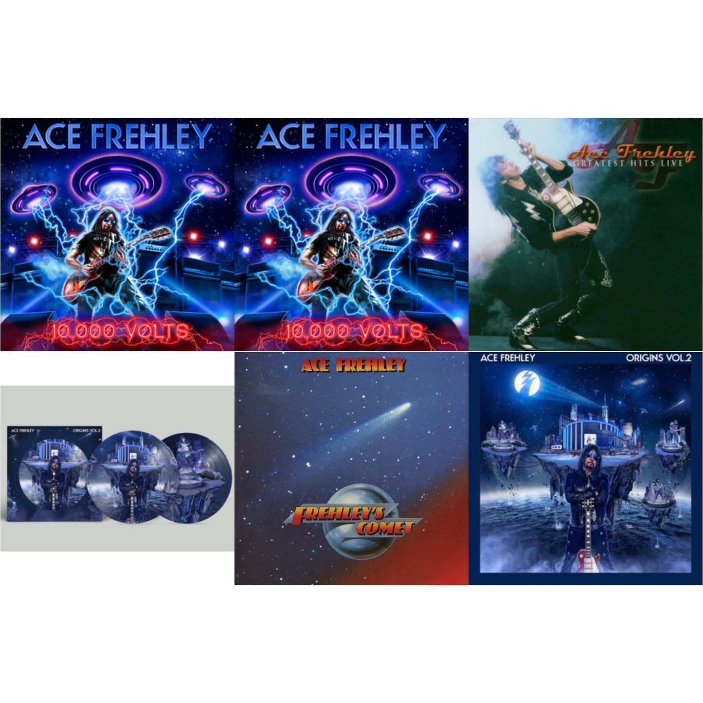 Ace Frehley - Greatest Hits Live & 10,000 Volts (Edge Only Splatter/Metal Gym Locker/Red Splatter LP Vinyl) & 10,000 Volts (Orange Tabby LP Vinyl) & Origins Vol.2 (Blue & White LP Vinyl) & Origins: Vol. 2 (Picture Disc) & Frehley's Comet (Red & Blue