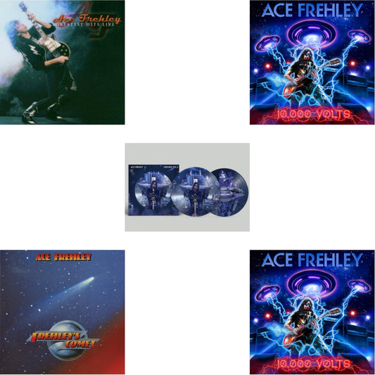 Ace Frehley - Greatest Hits Live & 10,000 Volts (Edge Only Splatter/Metal Gym Locker/Red Splatter LP Vinyl) & 10,000 Volts (Orange Tabby LP Vinyl) & Origins: Vol. 2 (Picture Disc) & Frehley's Comet (Red & Blue Hand Poured Effect LP Vinyl)