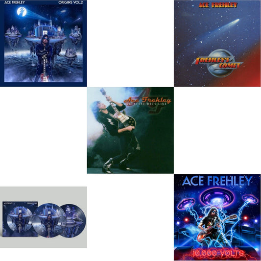 Ace Frehley - Greatest Hits Live & 10,000 Volts (Edge Only Splatter/Metal Gym Locker/Red Splatter LP Vinyl) & Origins Vol.2 (Blue & White LP Vinyl) & Origins: Vol. 2 (Picture Disc) & Frehley's Comet (Red & Blue Hand Poured Effect LP Vinyl)
