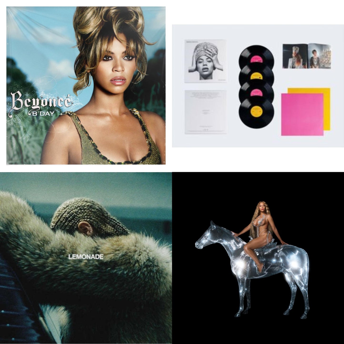This is a 4 LP Vinyl SKU bundle.
1.This LP Vinyl is brand new.Format: LP VinylMusic Style: Contemporary R&BThis item's title is: B'day (2LP/180G)Artist: BeyonceLabel: LEGACYBarcode: 827969092019Release Date: 9/12/2006
2.This LP Vinyl is brand new.