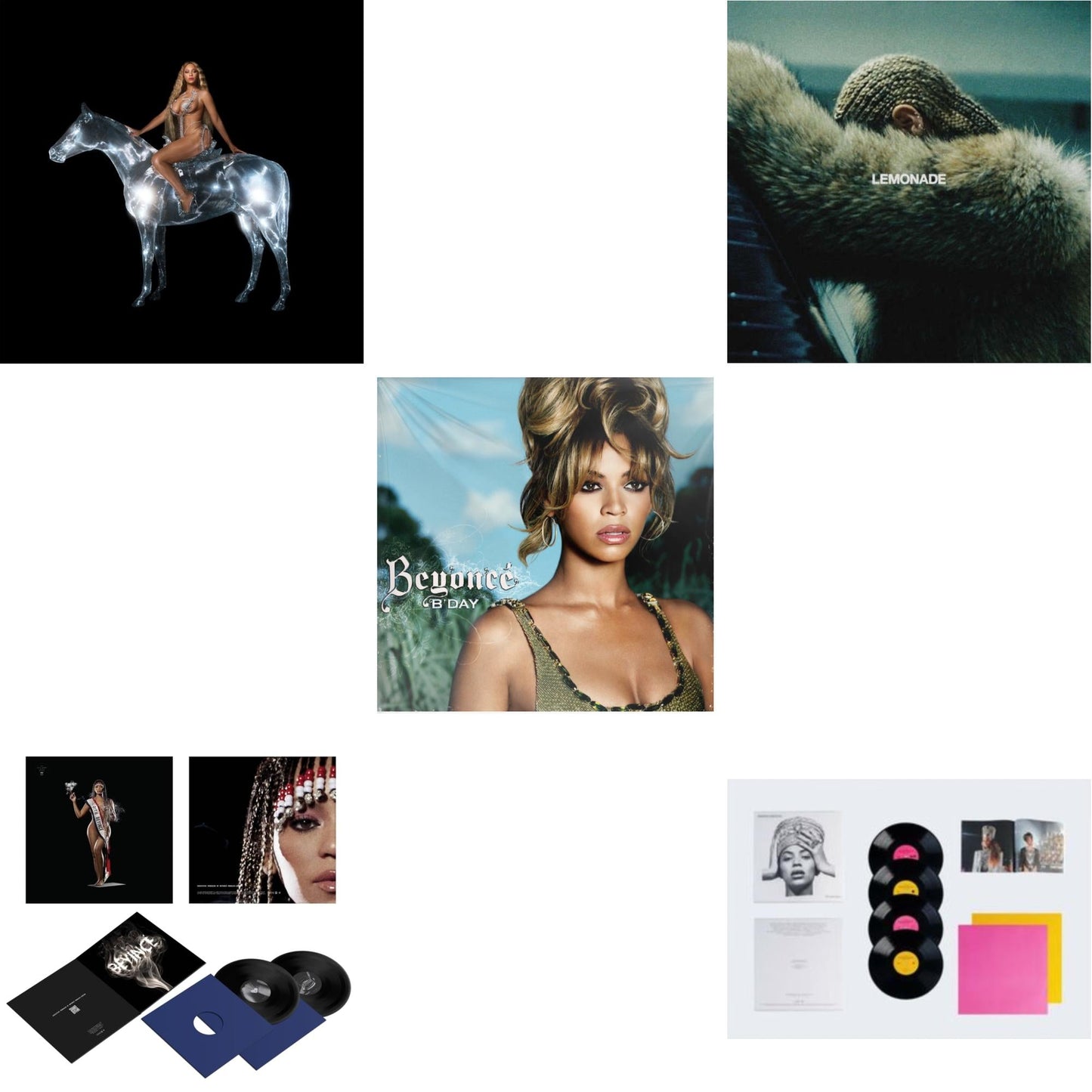 Beyonce - Homecoming: The Live Album (4LP/Slipcase Jacket/Booklet) & Renaissance (X) (180G/2LP) & Cowboy Carter (X) (2LP/180G/Bead Face) & B'day (2LP/180G) & Lemonade (Limited 180G Yellow LP Vinyl/Dl Card Includes Audio & Video)