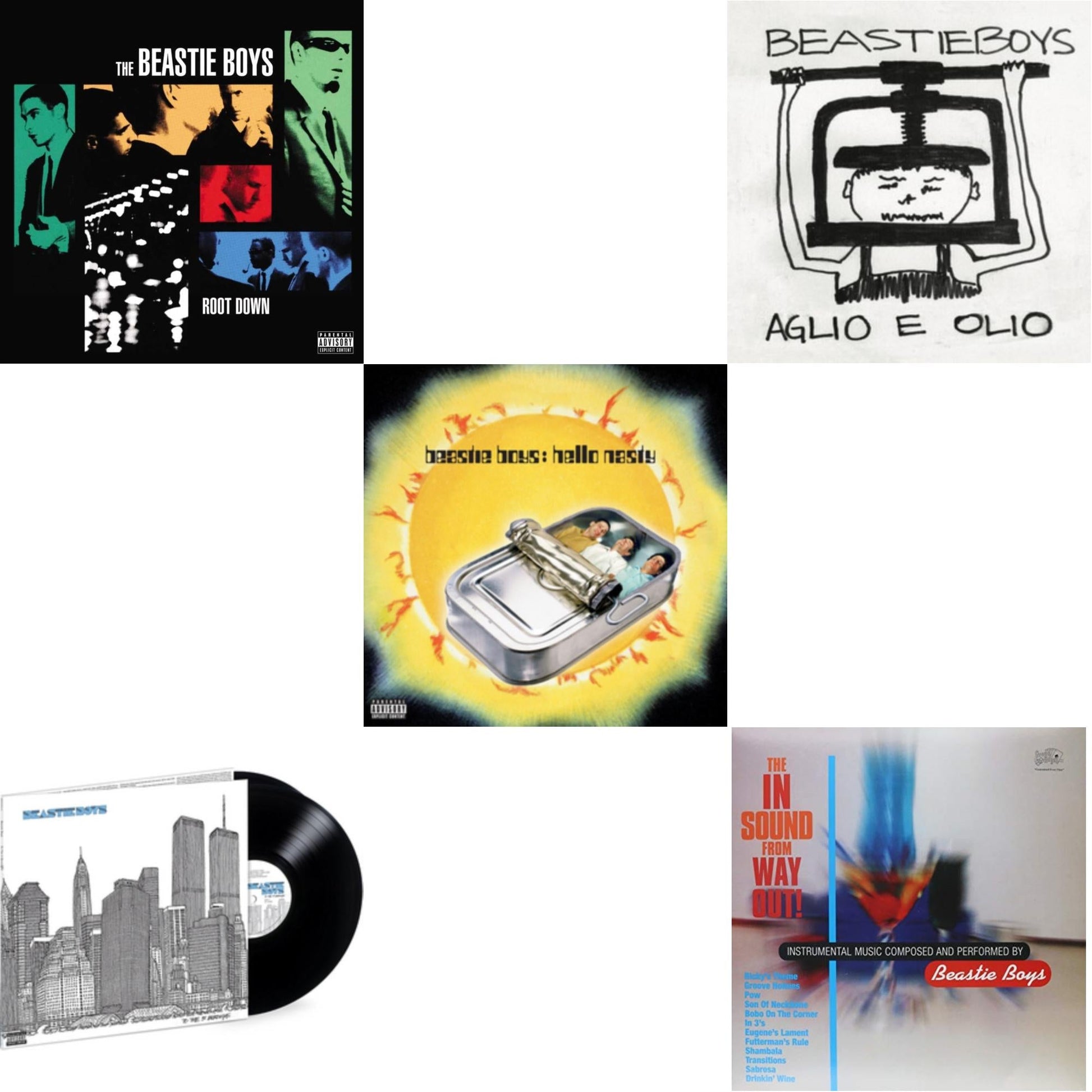 This is a 5 LP Vinyl SKU bundle.
1.This LP Vinyl is brand new.Format: LP VinylMusic Style: InstrumentalThis item's title is: Hello NastyArtist: Beastie BoysLabel: Grand RoyalBarcode: 5099969423918Release Date: 9/22/2009
2.This LP Vinyl is brand new.