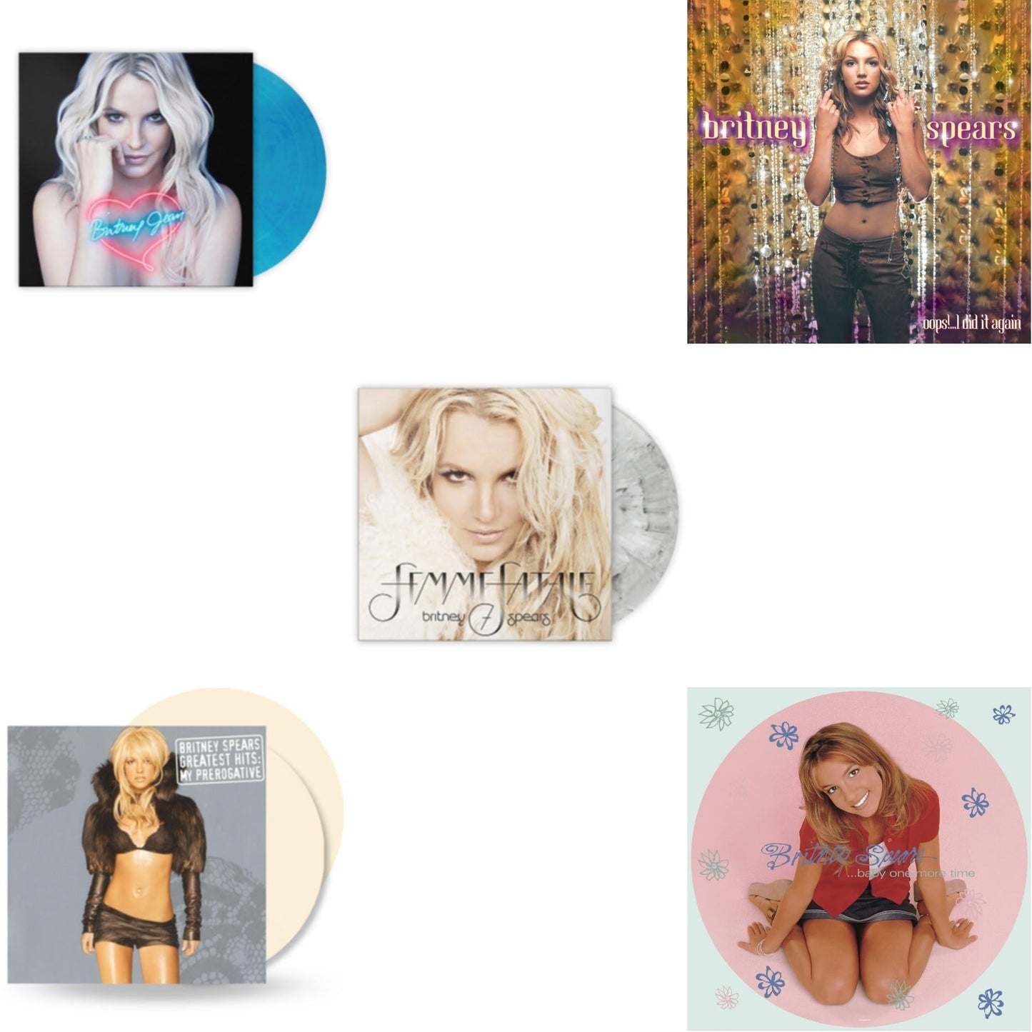This is a 5 LP Vinyl SKU bundle.
1.This LP Vinyl is brand new.Format: LP VinylMusic Style: Dance-popThis item's title is: Baby One More Time (Picture Disc/140G/Dl Code)Artist: Britney SpearsLabel: LEGACYBarcode: 190758862613Release Date: 11/23/2018
2.This LP Vinyl is brand new.