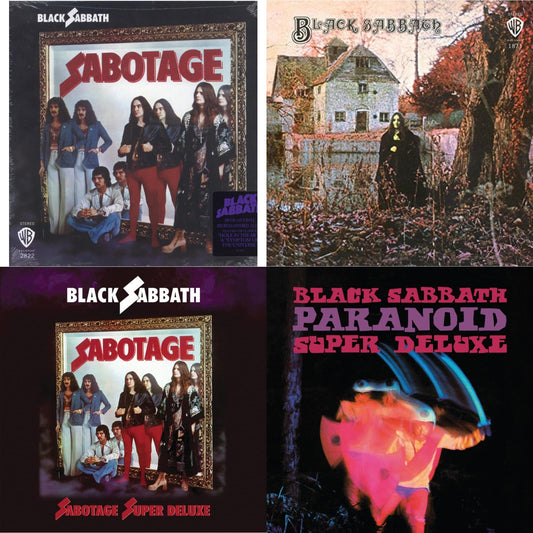 This is a 4 LP Vinyl SKU bundle.
1.This LP Vinyl is brand new.Format: LP VinylMusic Style: Hard RockThis item's title is: Sabotage (180G)Artist: Black SabbathLabel: RHINO/WARNER BROS.Barcode: 081227946562Release Date: 8/5/2016
2.This LP Vinyl is brand new.