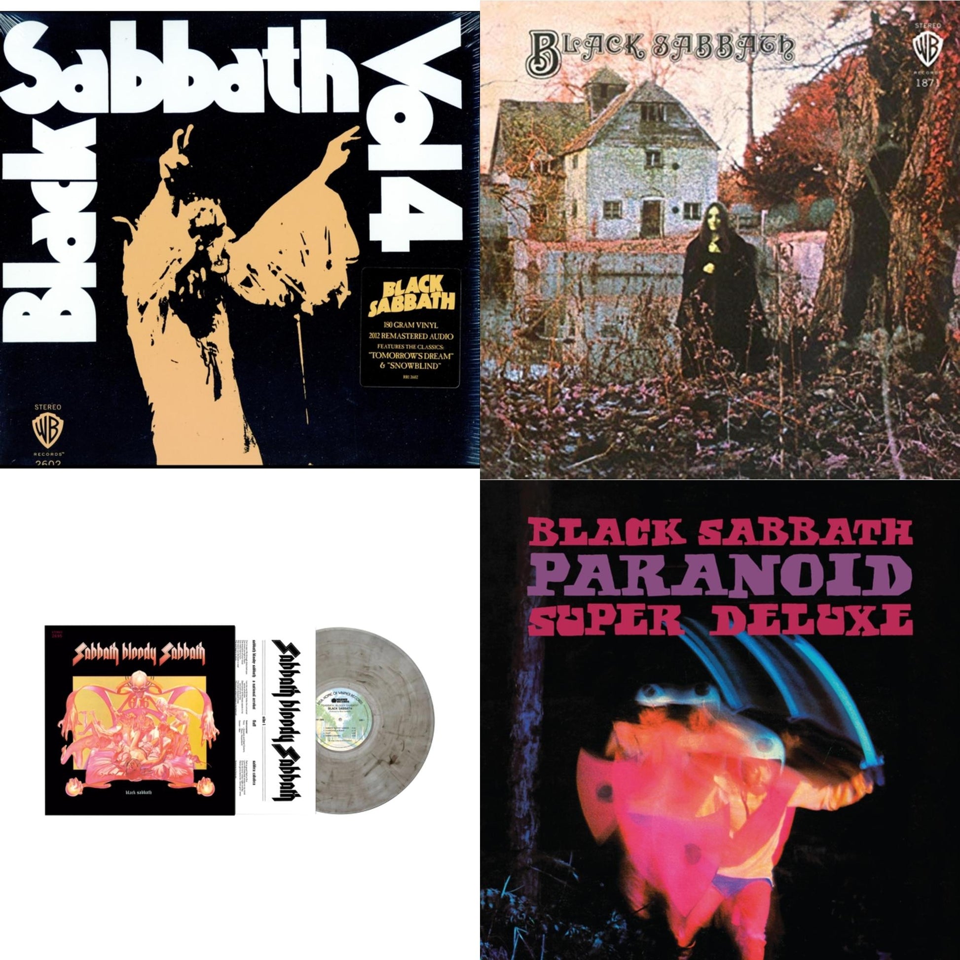 This is a 4 LP Vinyl SKU bundle.
1.This LP Vinyl is brand new.Format: LP VinylMusic Style: Heavy MetalThis item's title is: Vol. 4 (180G)Artist: Black SabbathLabel: RHINO/WARNER BROS.Barcode: 081227946609Release Date: 8/5/2016
2.This LP Vinyl is brand new.