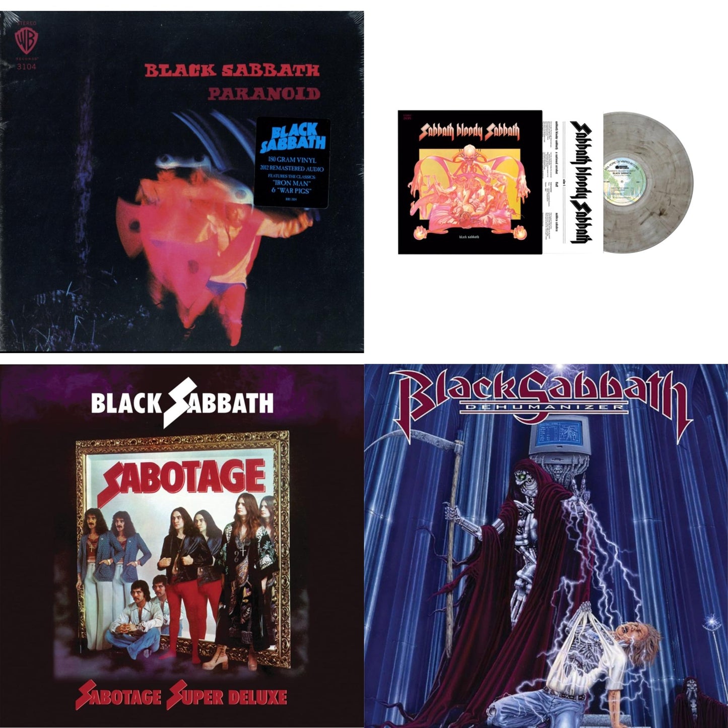 This is a 4 LP Vinyl SKU bundle.
1.This LP Vinyl is brand new.Format: LP VinylMusic Style: Hard RockThis item's title is: Paranoid (180G)Artist: Black SabbathLabel: RHINO/WARNER BROS.Barcode: 081227946708Release Date: 8/5/2016
2.This LP Vinyl is brand new.