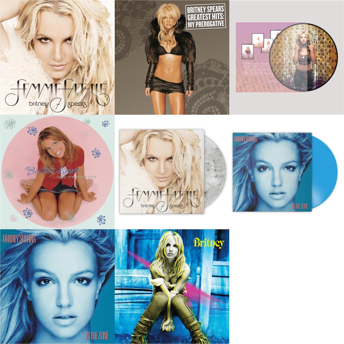 This is a 8 LP Vinyl SKU bundle.
1.This LP Vinyl is brand new.Format: LP VinylMusic Style: Dance-popThis item's title is: Baby One More Time (Picture Disc/140G/Dl Code)Artist: Britney SpearsLabel: LEGACYBarcode: 190758862613Release Date: 11/23/2018
2.This LP Vinyl is brand new.