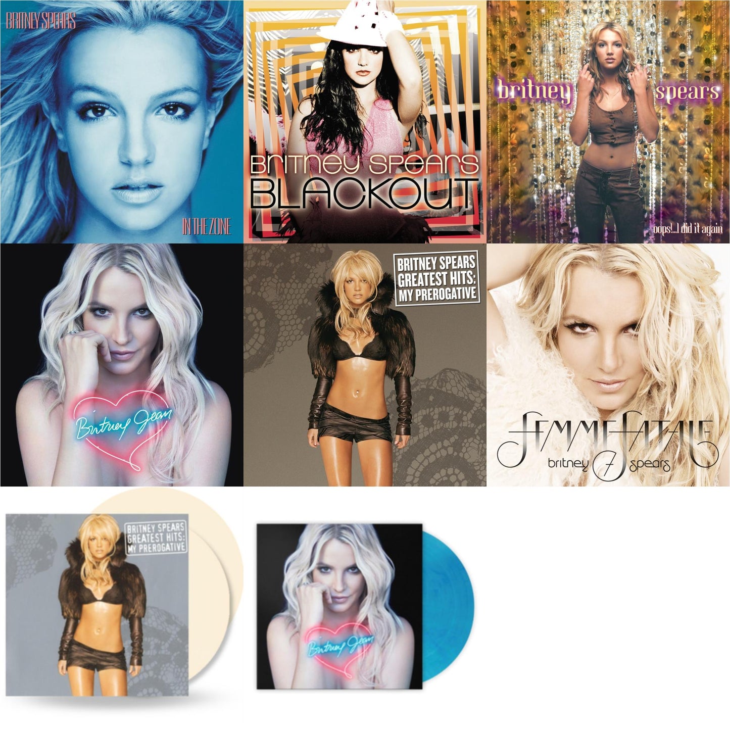 Oops!... I Did It Again & Blackout & In The Zone & Britney Jean & Femme Fatale & Greatest Hits : My Prerogative (2LP) & Britney Jean (Blue Marbled LP Vinyl/Import) & Greatest Hits: My Prerogative (2LP/Cream Vinyl/Import)