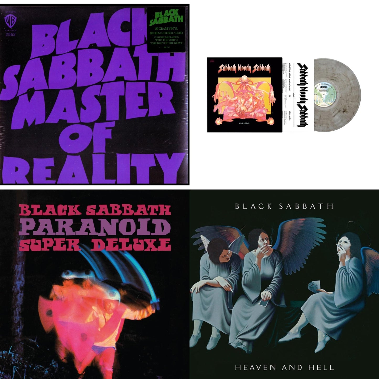 This is a 4 LP Vinyl SKU bundle.
1.This LP Vinyl is brand new.Format: LP VinylThis item's title is: Master Of Reality (180G)Artist: Black SabbathLabel: RHINO/WARNER BROS.Barcode: 081227946739Release Date: 8/5/2016
2.This LP Vinyl is brand new.