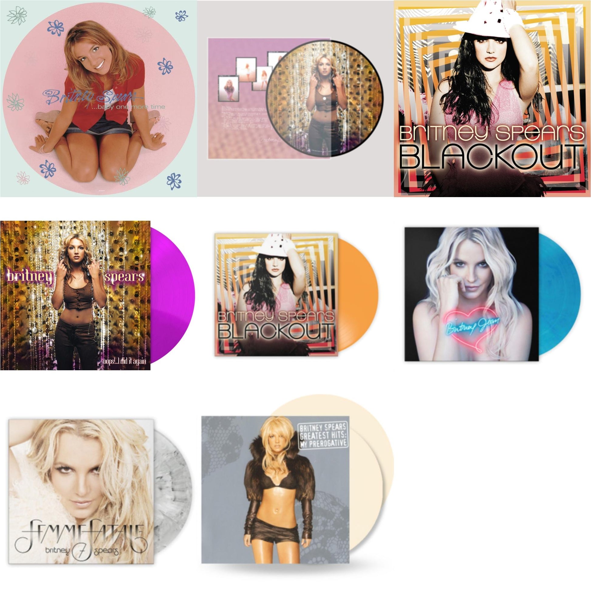 This is a 8 LP Vinyl SKU bundle.
1.This LP Vinyl is brand new.Format: LP VinylMusic Style: Dance-popThis item's title is: Baby One More Time (Picture Disc/140G/Dl Code)Artist: Britney SpearsLabel: LEGACYBarcode: 190758862613Release Date: 11/23/2018
2.This LP Vinyl is brand new.